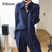 Woman Blouse 2021 Spring Fall Loose Pleated Blouses Female Casual Dark Blue Long Sleeve Shirt Korean Style Fashion Clothing 2024 - buy cheap