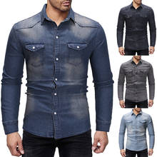 Dropshipping Men's Long Sleeve Denim Shirt Retro Simple Soft Tops Slim Fit Hommes Casual Streetwear Jean Shirts Plus Size M-3XL 2024 - buy cheap