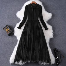 Женское кружевное платье, черное однотонное облегающее Плиссированное Платье-миди с воротником-стойкой и бантом, весна 2020 2024 - купить недорого