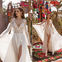 Vestido de noiva linha com faixa de espaguete, vestido de casamento em chiffon com renda alta e tamanho grande, 2020 2024 - compre barato