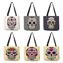 Unique Women Tote Bag Floral Skull Print Eco Linen Reusable Shopping Bags Casual Shoulder Bags 2024 - buy cheap
