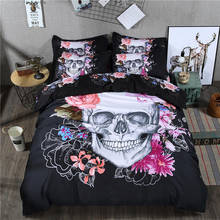 Комплект постельного белья SOLSTICE на Хэллоуин, с 3D-принтом черного черепа, розовых цветов, полиэстер, пододеяльник, наволочка, большой размер (без простыней) 2024 - купить недорого