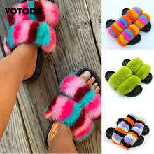 Fashion Fur Slippers For Women Fluffy Rabbit Fur Slides Flat Outdoor Rainbow Sandals Luxury Flip Flops Ladies Cute Furry Shoes 2024 - buy cheap