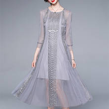 Женское длинное Сетчатое платье-трапеция, элегантное дизайнерское винтажное платье с О-образным вырезом, расшитое бисером, 2021 2024 - купить недорого