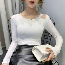 GGRIGHT 2020 Fashion Korean Cotton T Shirt Women Slim Long Sleeve Tee Shirt Femme Hollow Out Womens Tops Sexy White Tshirt Blue 2024 - buy cheap