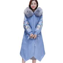 Estilo nacional chinês roupas para baixo casaco de algodão feminino gola de pele real inverno jaqueta feminina vintage bordado parka femme a613 2024 - compre barato
