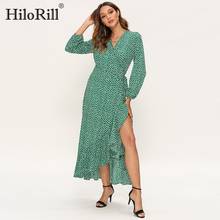 HiloRill Bohemian Long Dress Women 2021 Floral Print Ruffle Long Sleeve Maxi Dress Sexy Split V Neck Beach Wrap Dresses Vestido 2024 - buy cheap