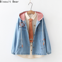 Japanese Spring Cute Hooded Denim Jacket Coat Young Girl Student Cartoon Embroidery Loose Retro Preppy Style Outwear Tops 2024 - buy cheap