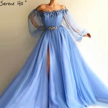 Blue A-Line Long Sleeves Sexy Evening Dresses 2021 Tulle O-Nekc Crystal Pearls Formal Dress Serene Hill LA70636 2024 - buy cheap