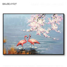 Excellent Artist Pure Hand-painted Double Flamingos and Flowers Oil Painting Handmade Wall Canvas Picture Flamingos Oil Painting 2024 - buy cheap