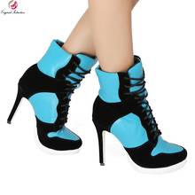 Зимние женские ботинки, Размеры 35-47 модные женские ботинки из PU искусственной кожи на тонком высоком каблуке, с круглым носком, в стиле пэчворк, черного и синего цвета, 2020 г. Zapatos Mujer 2024 - купить недорого