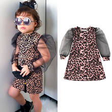 Moda da criança do miúdo do bebê vestido da menina verão leopardo impressão retalhos puff manga longa festa a linha vestido roupas casuais 2024 - compre barato