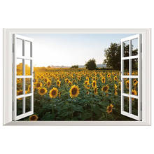 Fora da janela falsa paisagem girassol 3d arte da parede vinil mural adesivos "flor palavra de amor" quente cartaz papel de parede 60*40cm 2024 - compre barato
