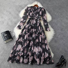 Women floral print chiffon long dress 2021 spring summer high waist puff sleeve ruffles big hem deep V-neck black sexy dresses 2024 - buy cheap