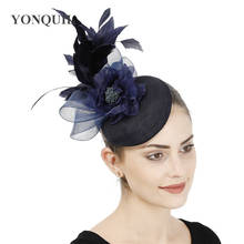 Imitação sinamay marinha fascinator chapéu do vintage para as mulheres elegante festa mostrar headwear com fantasia pena acessórios de cabelo bandana 2024 - compre barato