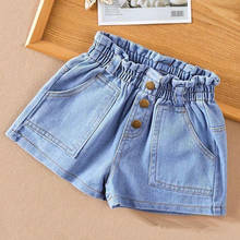 Джинсовые шорты для девочек для малышей от 3 до 13 лет, лето 2021, короткие брюки для девочек для детей, джинсы с карманами и пуговицами для детей, джинсовые шорты 2024 - купить недорого