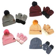 1set Children Striped Wool Beanie Hat +Gloves Fake Ball Pom Pom Cap Warm Winter Beanies 2024 - buy cheap