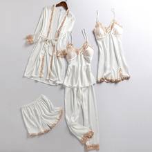 Conjunto de pijamas casuais para mulheres, 5 peças, cetim, kimono, vestido, renda, patchwork, roupa de dormir, primavera, outono 2024 - compre barato