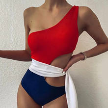 Fashion Women One-Piece Sexy Tied Waist Bikini Deep V Buckle Design One-Shoulder Bikini Swimsuit Swimwear Купальник женский 2021 2024 - купить недорого