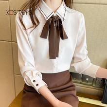 Женская шифоновая блузка в офисном стиле, рубашка абрикосового цвета с бантом и длинным рукавом, одежда для работы и офиса, весна-осень 2021 2024 - купить недорого