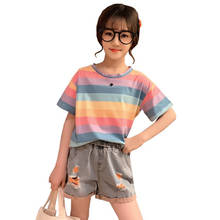 Clothes For Girls Rainbow Tshirt + Denim Short Clothing For Girls Hole Kids Clothes Girls Casual Style Children's Tracksuit 2024 - buy cheap