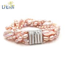 LiiJi Unique Real Pink Purple Freshwater Pearl Rice Shape Baroque Pearl 5 Rows Bracelet For Women Fashion Jewelry 2024 - buy cheap