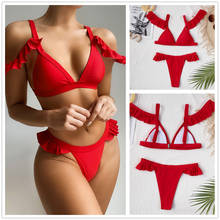 Sexy Bikini 2021 Women swimsuit Push up Bikini Solid Red Ruffled Bikini sets Two pieces Beachwear Thong Biquinis Feminino-BK005 2024 - buy cheap