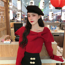 Suéter feminino com manga comprida, blusa vermelha de manga longa slim fit para outono e inverno 2024 - compre barato