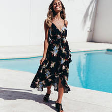 Boho Summer Sexy Straps Printed Floral Dress Women's V Neck Beach Long Black Wrap Dresses Ruffled Vestidos 2024 - buy cheap