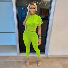 Fluorescence Green Short Sleeve Waist Shaping Slim Fit Crop Top and Bodycon Long Trouser Sweatsuit Casual Skinny Two Piece Suit 2024 - buy cheap