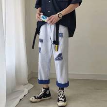 Лето 2020 повседневные мужские джинсы прямые шаровары укороченные брюки комбинезоны Молодежные популярные повседневные свободные брюки для мужчин 2024 - купить недорого