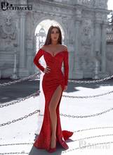 Vestido Rojo de moda para baile de graduación, bata de sirena de manga larga con hombros descubiertos, estampado plisado de satén, 2021 2024 - compra barato