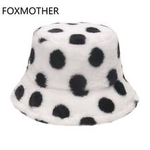 FOXMOTHER New Fashion Outdoor Faux Fur White Dot Pattern Bucket Hats Fishing Caps Women Winter Gorros Mujer 2024 - buy cheap