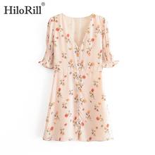 HiloRill Floral Print Summer Mini Dress Women Ruffle Short Sleeve Party Dress Sexy V Neck Buttons Beach Sundress Vestidos Mujer 2024 - buy cheap