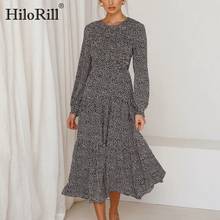 HiloRill Women Printed O Neck Elegant Midi Dresses Ruffles Long Sleeve Boho Long Dress Ladies A Line Vintage Party Dress 2024 - buy cheap