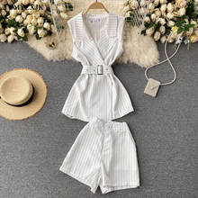 2022 Summer Women Blazer Set Belted Notched Sleeveless Waist Vest Top+Shorts Pants Suit Elegant Female Striped Suit 2 Pieces Set 2024 - buy cheap