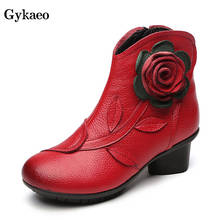 Gykaeo botas femininas casuais estilo folk, feitas à mão em couro legítimo de algodão, calçados femininos de salto baixo tornozelo 2024 - compre barato