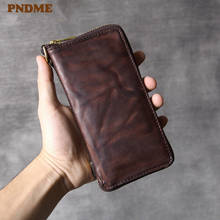 PNDME fashion retro genuine leather multifunctional men's long clutch wallet simple natural real cowhide ladies phone coin purse 2024 - buy cheap