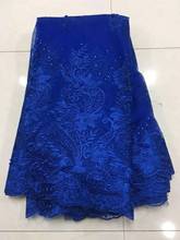 Tecido de renda africana 2021, tecido bordado nigeriano rendas de alta qualidade, tecido de renda francesa de tule para vestido azul royal feminino 2024 - compre barato
