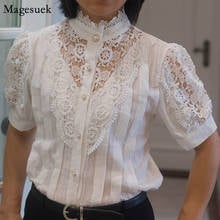 Nova blusa oca de renda com retalhos e flores, camisa blusa de verão de renda feminina com gola alta e botões, blusa branca 2024 - compre barato