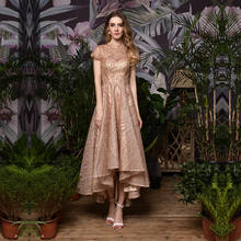 Розовое Золотое длинное платье для выпускного вечера 2020, вечернее платье с коротким передом и длинной спинкой, расшитое блестками, с круглым вырезом и рукавами-крылышками 2024 - купить недорого
