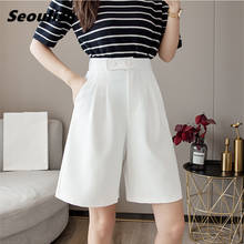 Seoulish verão 2021 nova elegante formal das mulheres meia terno calças botões de cintura alta perna larga calças casuais soltas bolso 2024 - compre barato