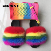 Women Fluffy Soft Fox Fur Slides Jelly Rainbow Crossbody Bags Ladies Luxury Brand Plush Furry Sandals With Matching Purse Set 2024 - buy cheap