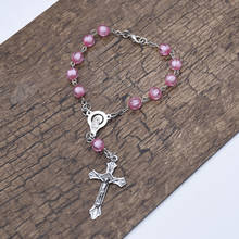 Rosário cristalino de cristal rosa, religioso católico cristão, cruz de jesus, pulseiras para batismo para mulheres. confirmação de igreja 2024 - compre barato