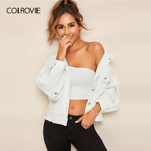 COLROVIE White Frayed Edge Denim Jacket Women 2019 Fall Streetwear Ladies Ripped Jackets Pockets Detail Casual Solid Outerwear 2024 - buy cheap