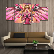 Póster de decoración del hogar, imágenes HD, impresiones en lienzo, 5 piezas, Modular, rosa, Mercy, Overwatch, juego, sala de estar, pintura decorativa, enmarcado 2024 - compra barato