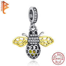 Wholesale 100% 925 Sterling Silver Gold Color Crystal Bee Charm Fit Original pandora Bracelet Pendant Jewelry Making Gift 2024 - buy cheap