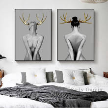 Pintura en lienzo de estilo moderno para mujer Sexy y cuerno de ciervo dorado, Cuadros steres para pared para sala de estar, Decoración de casa, Cuadros 2024 - compra barato