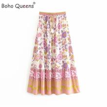 Boho Queens Hippie Women Pink Floral Print Beach Bohemian Pleated Skirt Ladies High Elastic Waist  A-Line Rayon Maxi Skirt 2024 - buy cheap