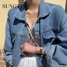 Sungtin vintage oversized denim jaquetas mulheres coreano chique 2021 solto casual azul jean casacos streetwear único breasted outwear 2024 - compre barato